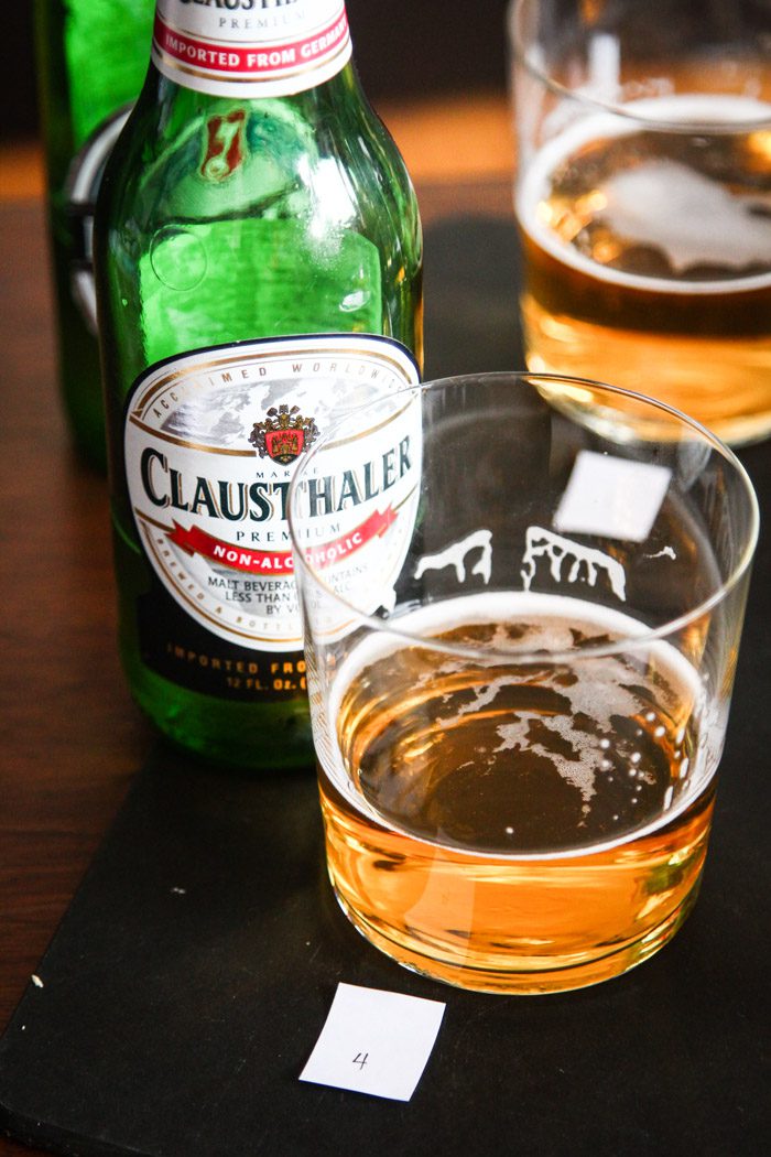 A glass of Clausthaler non-alcoholic beer